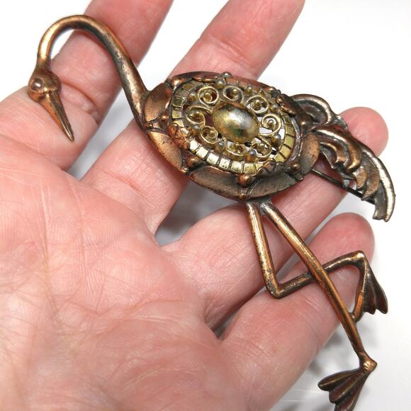 Vintage Tall Bird Brooch, Mixed Metals, 1930s 1940s - Picture 7 of 10